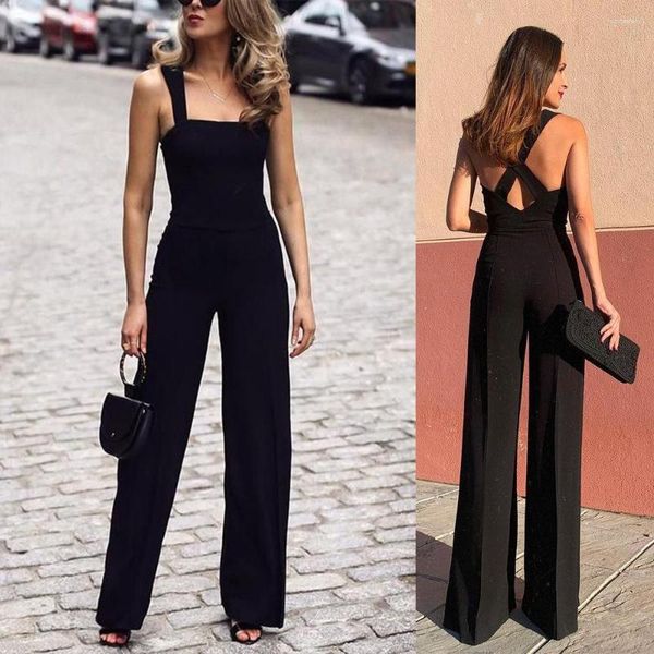 Kadın Pantolon Tulum Geniş Bacak Düz Mides Orta Backless Siyah İnce Stil