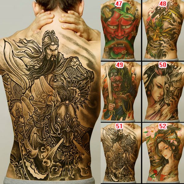 Temporäre Tattoos Voller Rücken Tattoo Buddha Loyalität Geisha Dragon Tiger Karpfen Designs Männer Temporärer Tattoo Aufkleber großer Körperkunst Mädchen Modell 230811