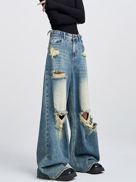 Jeans femminile femminile harajuku alla moda gamba pantaloni in denim mamma pantaloni lunghi buchi strappati grunge larghi spazzolati la marea giapponese cyber giapponese