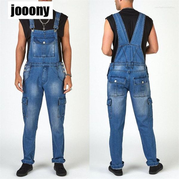 Herren Jeans Fashion Hosen Streetwear Männer Seilige Multi-T-Tasten-Denim-Jumpsuit Männlicher Suspender-Pendelpendelstil