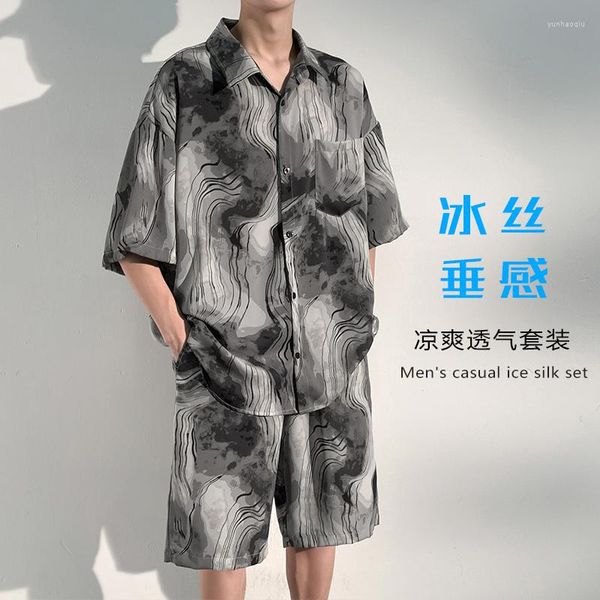 Мужские спортивные костюмы Mens Fashion Thin Print Sets Short Shorts Shorts 2pcs Soirt Shoot 2023 Летняя повседневная пляжная одежда мужской гавайские наряды