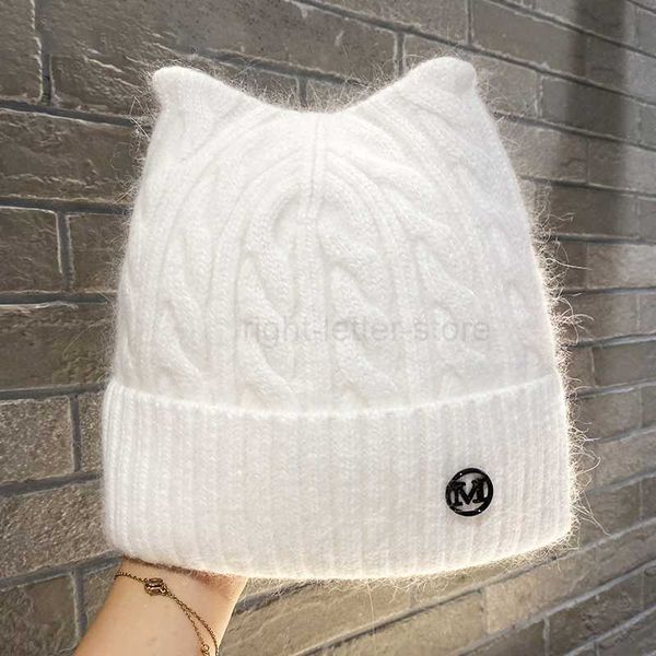 Beanie/Kafatası Kapakları Basit Kız Angora Tavşan Kürk Kır Kulak Şapkası Kadınlar için Kış Kafataları Sıcak Yün Panama Moda Gorros Kadın Bombacı Kapağı