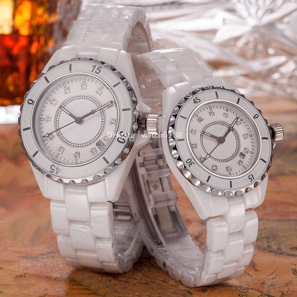 Diamond Designer Uhren Superweiß Keramik Neues Produkt Herren- und Frauen -Quarzbewegung Watch hohe Dichte verblassen rotierende Krone Dichtes Boden groß 38 mm klein 33 mm