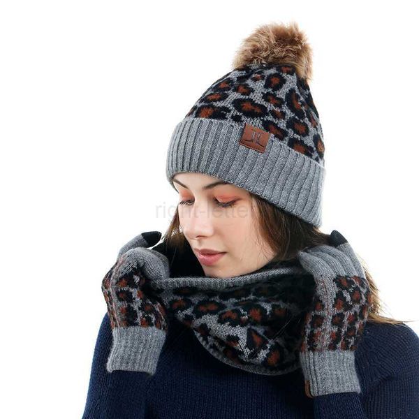 BEANIA/CAVIS CAPS NOVO AUTONO/WINTER2021knit knit chapéu conjunto de moda com estampa de leopardo luvas de tela de toque térmica para homens e mulheres suíte térmico ao ar livre