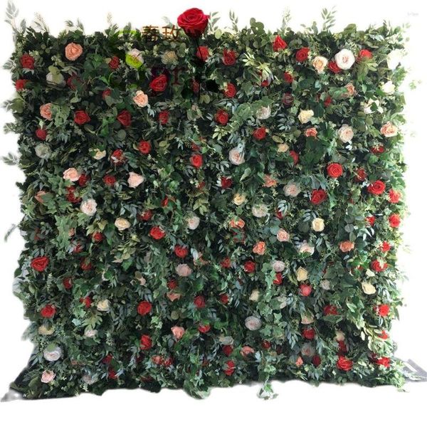 Dekorative Blumen Spring Grüne Blatt Hochzeit Dekoration Kulisse Seidenrot Rose Home Decor Rouge künstliche Blumenwand