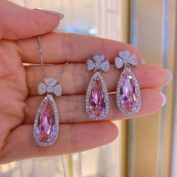 Hölzer Ohrringe Europäische und amerikanische rosa Diamantanhänger Birnenförmige Halskette Mode Temperament Set Frauen Engagement Schmuck