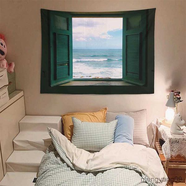 Arazzi personalizzabili sfondo paesaggio tessuto camera camera da letto decorazione per parete appesa muro del tramonto llow finestra arazzo R230811