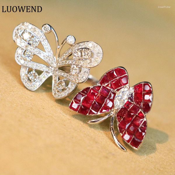 Cluster Ringe Luowend 18k Weiß Gold Fein natürliche Diamanten 0,95 und Ruby 2.1 Luxus -Schmetterlings Hochzeit für Frauen