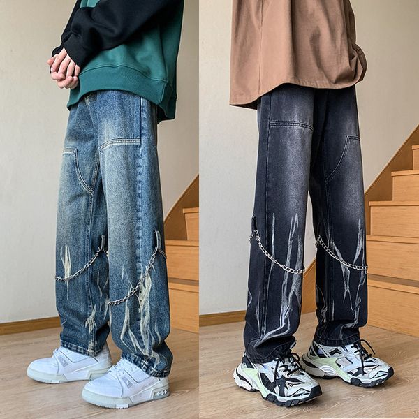 Jeans da uomo Tidyed Pantaloni dritti in denim neutro Hip Hop Pantaloni larghi cargo da strada a gamba larga Catena da uomo Baggy Large 5xl 230810