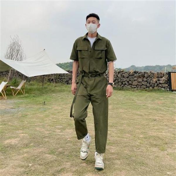 Herrenhosen japanische Armee Grüne funktionale Werkzeuge Einteilige Overalls Anzug Retro losen kausaler Hauptstraßen Arbeiter Jumpsuit Männlich