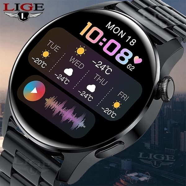 Braccialetti intelligenti pedometri lige full cerchio touch screen acciaio bluetooth chall bluetooth chiama uomini smart waterproof attività sport attività fitness watchbox 230811