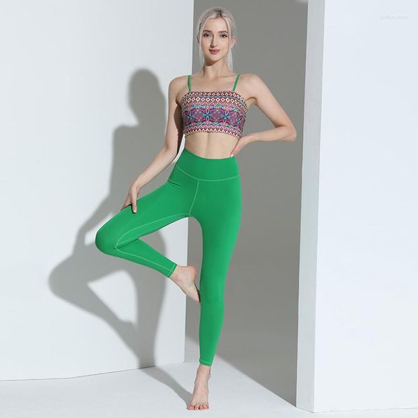 Активные брюки Spring 23 Элегантный ретро-печатный блуз Bamboo Green йога костюм с двумя частями.