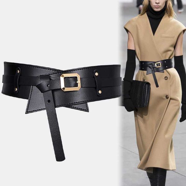 Gürtel neue Knotengürtel für Mantel Khaki Super breites Kummerbunds Kleid Kleid schwarz weiche PU -Leder -Taillenbänder sexy goldene Nadel Schnalle Taille Seal Lady