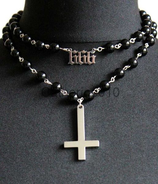 Подвесные ожерелья 666 Символ Готический серебряный перевернутый подвесной ожерелье Черное колье J230811