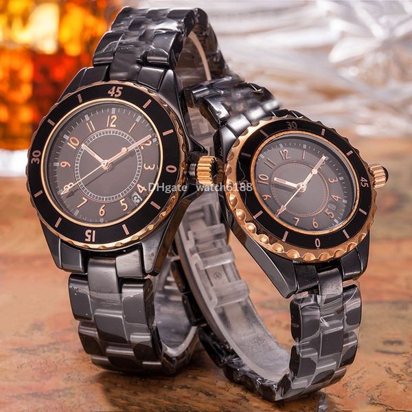 Orologi da uomo e da donna degli amanti con versioni con dimensioni di 38 mm e 33 mm arabo display di calendario automatico orologio in quarzo tutto ceramico in bianco e nero