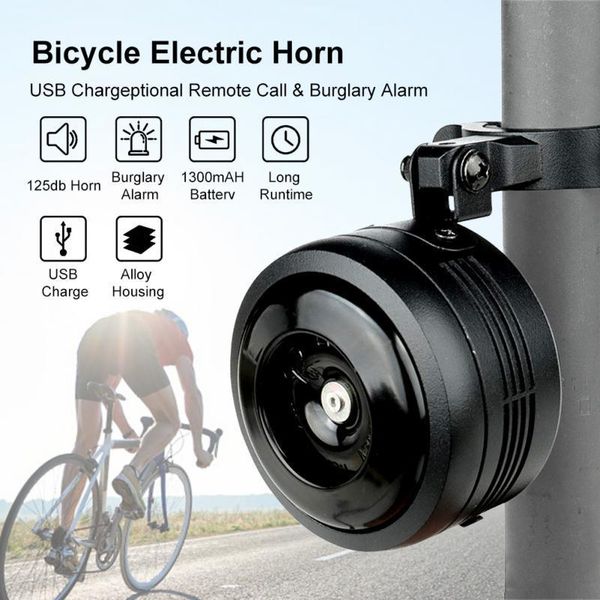 Horns bici 125db USB Carica biciclette per biciclette motociclette scooter corna elettrica 1300 mAh Antitft Alarring Siren Remote Control 230811