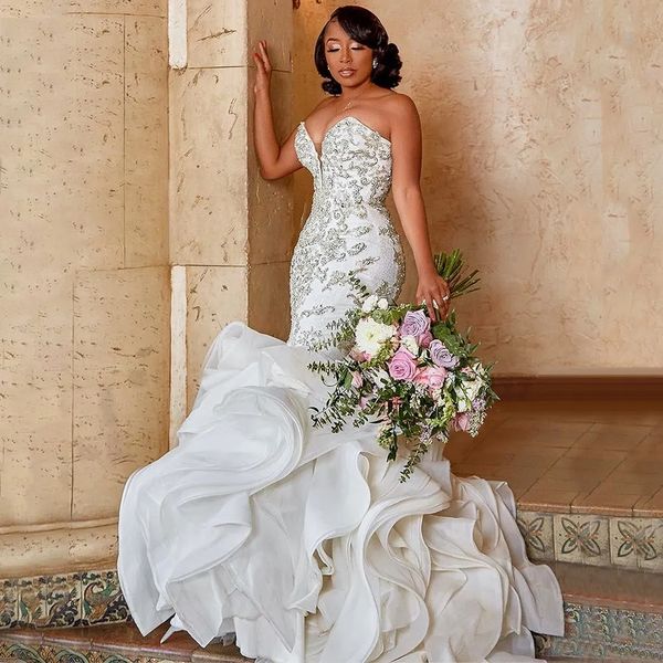 Tamanho personalizado sexy sereia vestidos de casamento querida renda cristal frisado diamante longo formal 2023 novos vestidos de noiva 328 328