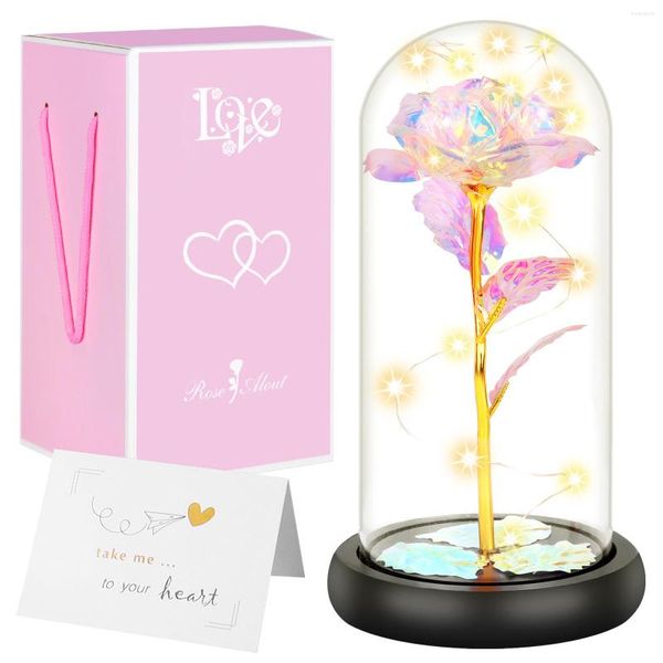 Dekorative Blumen Behogar Eternal Rosenblume mit warmem LED -Licht in der Kuppelglasabdeckung und Grußkarte für Valentinstag Geschenk Hochzeit