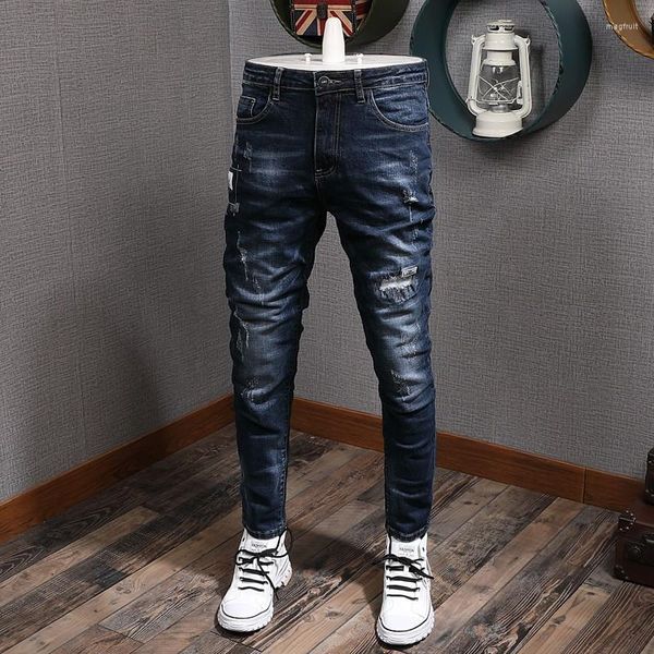 Мужские джинсы модельер -дизайнер мужской ретро темно -синий эластичный растяжение, избавленное от разорванного корейского стиля винтажные джинсовые брюки Hombre