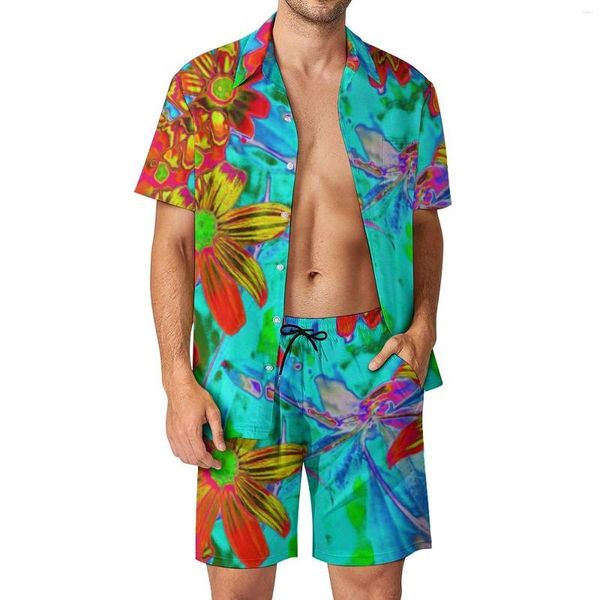 Erkeklerin izleri sarı ve turuncu çiçek erkekler soyut tropikal baskı vintage sıradan gömlek seti kısa kollu grafik şort yaz plajı