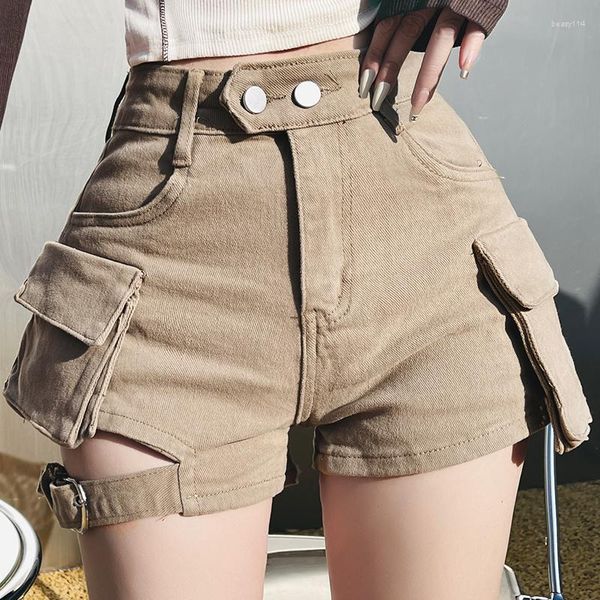 Женские шорты с высокой талией грузовые грузы хаки шикарные карманы джинсы сексуальная девушка летняя одежда для женщин