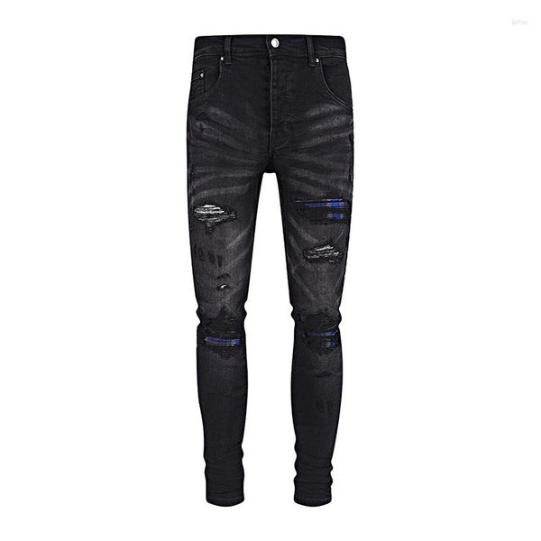 Erkekler kot pantolon satın al siyah mx1 slim fit streç denim üzücü sıkıntılı askeri şablon yırtık yırtık bandana delikleri sıska