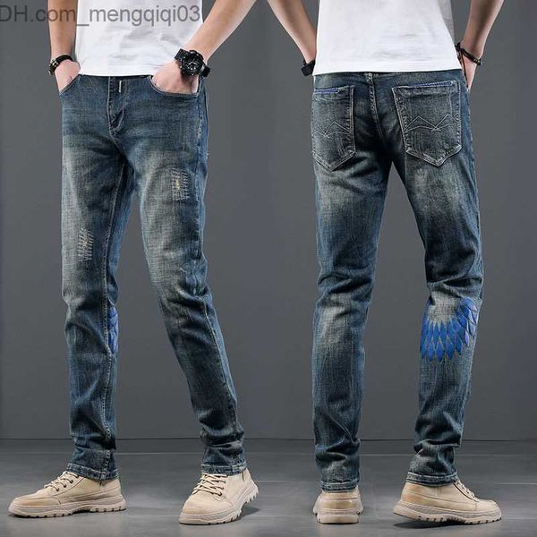 Jeans maschile 2023 primavera/estate New Trend di moda di fascia alta Gamba dritta piedi stampati di jeans elastici comfort maschili 28-36 Z230814