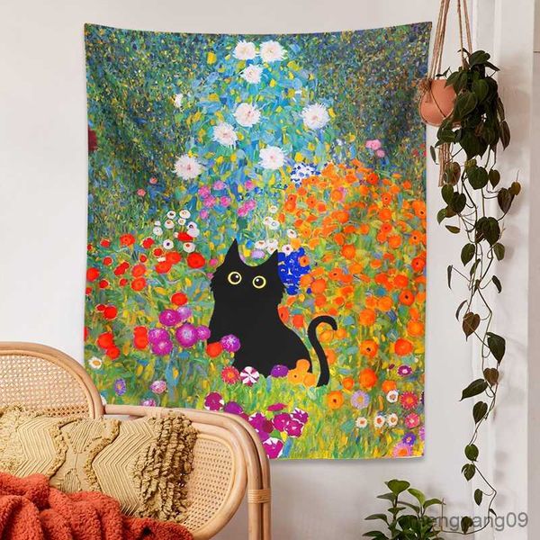 Wandteppiche Garten Katze Wandteppich Wand Hanging Malerei Gartenpflanzen Blumen Süßes Katzenraum Kunst Wohnkultur Geschenk R230812