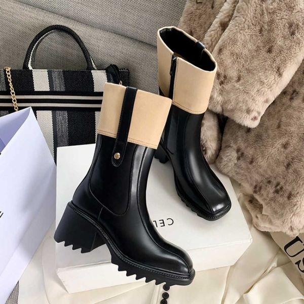 2023 Autunno/Inverno New Fashion British Style Square Head Mid Slip Stivali Stivali da donna Chelsea Martin Boots 230811