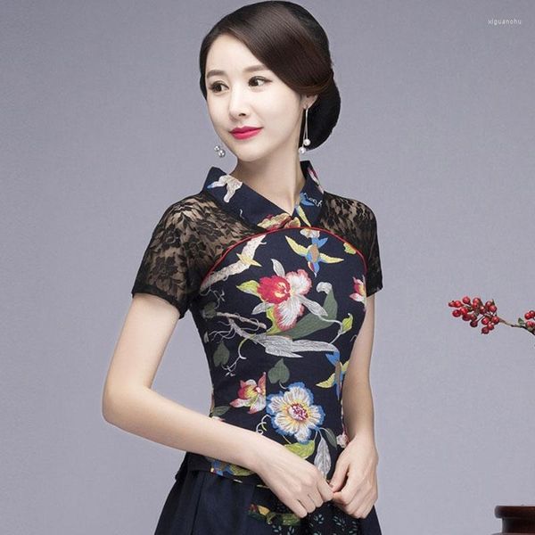 Этническая одежда Cheongsam Women Plus Size Short Tops 2023 Летние хлопковые льняные отпечатки