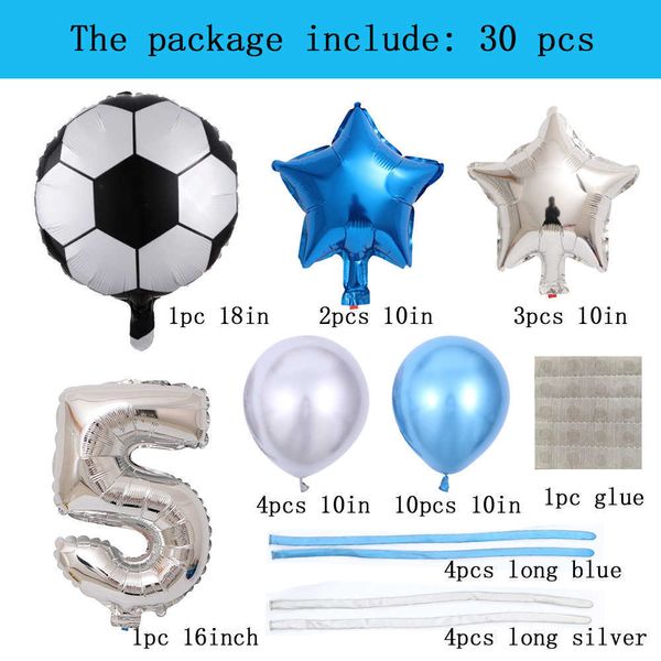 Decorazione 30 pezzi/set Palloncini a tema calcio Palloncini da 16 pollici Argento Numero Foil Decorazioni di compleanno per bambini Fornitura di calcio per bambini