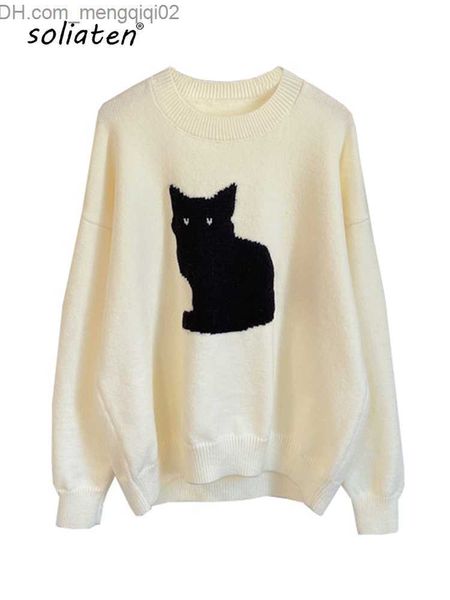 Женские свитеры вязаные белые кошачьи свитер милый длинные рукавы женская уличная одежда. Случайная узорчатая топ-дизайнерская одежда C-192 Z230814