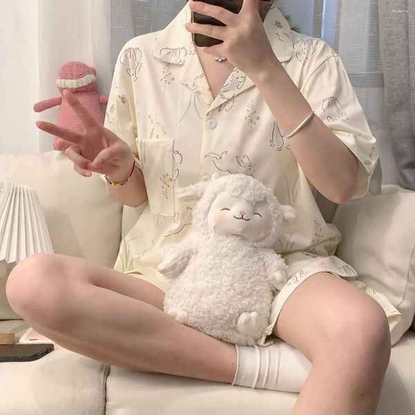 Erkekler Sweetwear Ins Rüzgar Pijamaları Kadın Yaz Süper Genç Nefes Alabilir ve Rahat Kız Sevimli Karikatür Japon Ev Giysileri