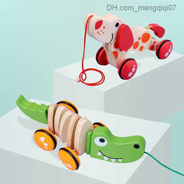 Puxar brinquedos de brinquedos infantis brinquedos de corda filhotes Crocodilos tratores bebês formas de madeira animais interessantes caminhantes montessori brinquedos artesanais Z230814