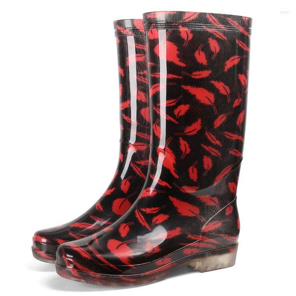 Stivali scarpe impermeabili alte in PVC Donne fiore Rainboot tallone spessa 2023 sexy casual femmina ad alta pioggia per
