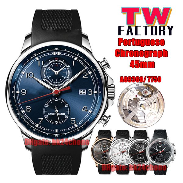 TW Fabrika Saatleri 45mm Paslanmaz Çelik 390213 Portekizce Kronograf Otomatik A89360 / 7750 Erkekler İzle Mavi kadran Kauçuk Kayış Bents Hollwatches