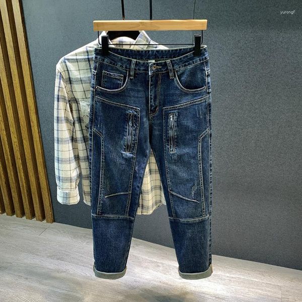 Erkek kot pantolon fermuar tasarım dikiş moda pantolon erkek streç sokak kıyafeti motosiklet bisikletçisi denim pantolon