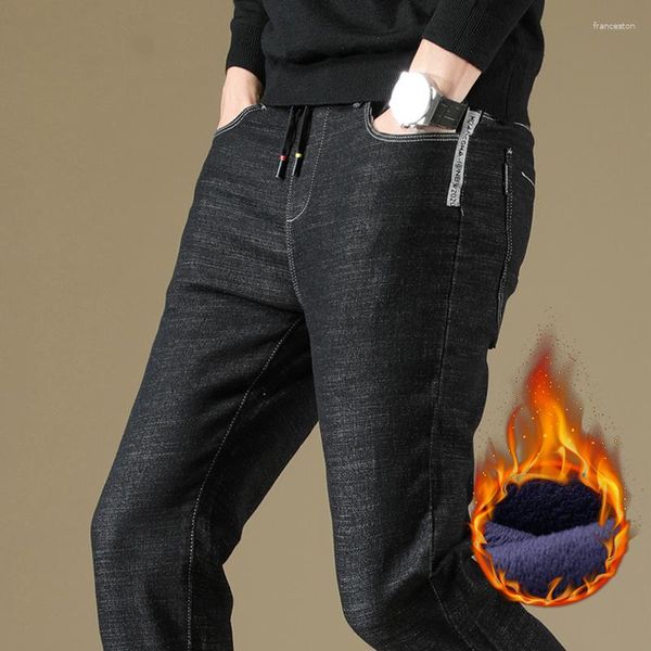 Erkekler kot kalın moda kış polar sıcak rahat klasik düz ince erkek giyim esnekliği denim pantolon
