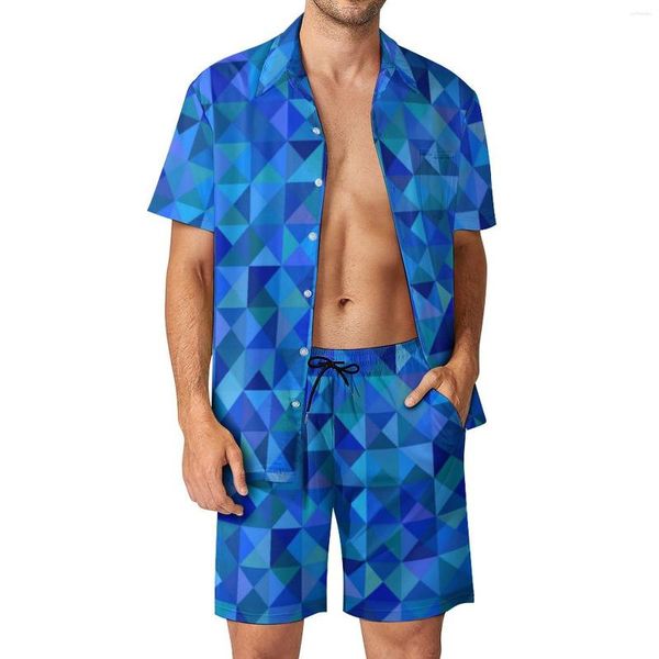 Tracce maschili geometrici blu set set di arte astratte cortometraggi casual shorts estate hawaii fitness camicia da esterno set tuta di grandi dimensioni a maniche corte