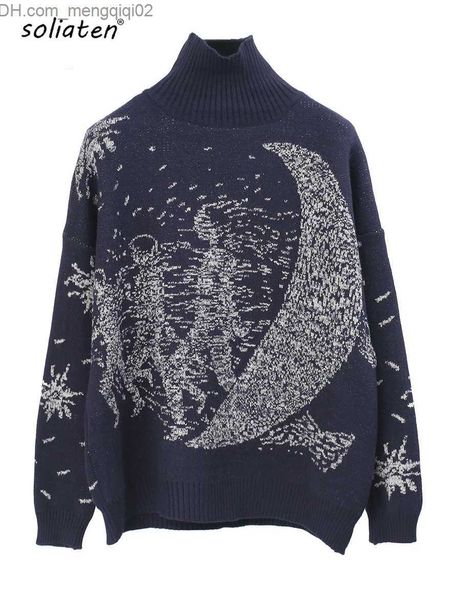 Kadınların Sweaters BluckleNeck Sweater Kadınlar 2022 Kış Kalın Track Tasarım Galaxy Moon Ekstra Büyük Çekilmiş Örgü Jumper C-122 Z230814