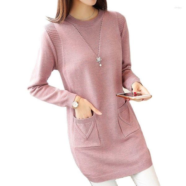 Maglioni da donna Solido maglione lungo donna abbigliamento 2023 Abito da maglia coreano Casualmente Calda Slee Ock Sleeve Pullover