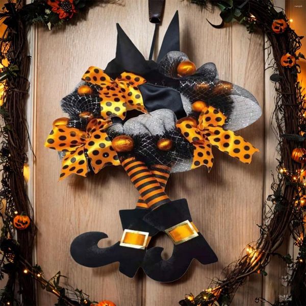 Fiori decorativi felici ghirlanda di Halloween appeso con decorazioni a maglie bowknot cappello da stregone e gambe per finestra vacanza da fattoria a parete all'aperto