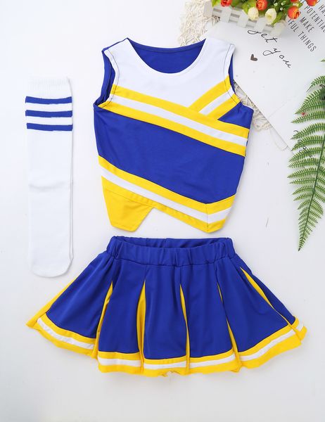 Cheerleader Kids Girls Unifort Carnival Dance Clothing Abito Salia Tops con calze di gonna Set per l'esibizione del palcoscenico scolastico 230811