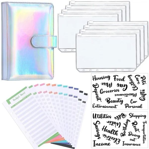 Оптовая система A6 Glitter Pu Leather Binder Budge Budget Envelope System с чистыми карманами на молнии.