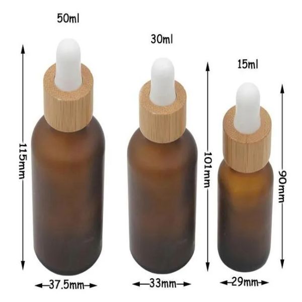 Großhandel gefrostete matte bernsteinhafte weiße Glas -Gla -Blechflasche 15ml 30 ml 50 ml mit Bambuskappe 1oz Holz ätherische Ölflaschen 345 LL