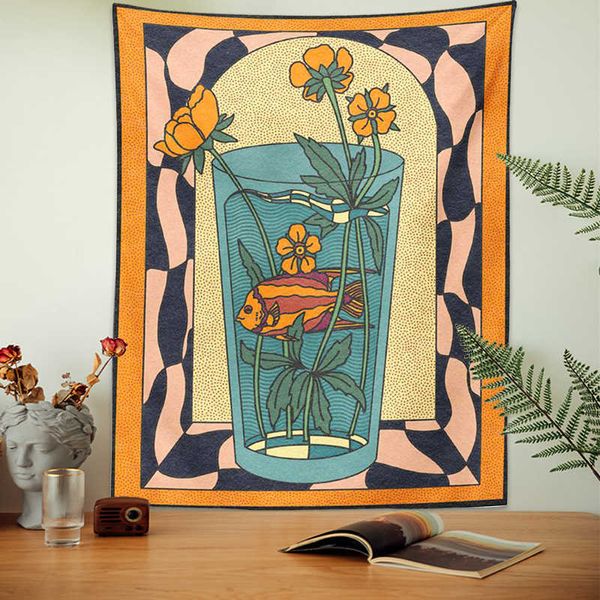 Wandteppiche, Vintage-inspirierter Wandteppich, Wandbehang, Vase, Goldfisch, Blumendekor, minimalistischer Druck, böhmische Kunst, Wanddekoration, Wandbild