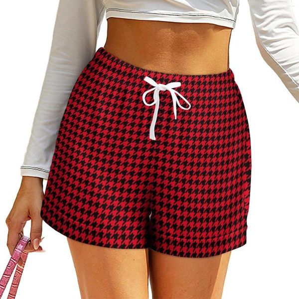 Shorts femminile Houndshooth High Waist Black and Red Pattern con tasche kawaii pantaloni corti oversize