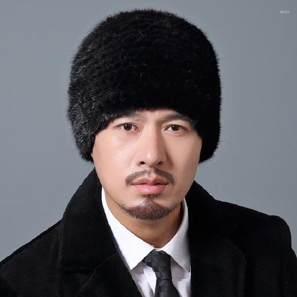 Berets Men's Real Hat Winter Winter теплая шапочка двойная сторона Headwear Ski Black Brown