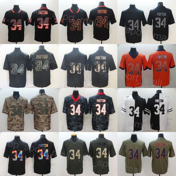 Mans Vintage Futbol 34 Walter Payton Jersey Retro Gölge Duman Zeytin Selamına Camo Bayrak Tanrıçası Tireleme Buhar Renk Rush Dikişli Saf Pamuk Takım