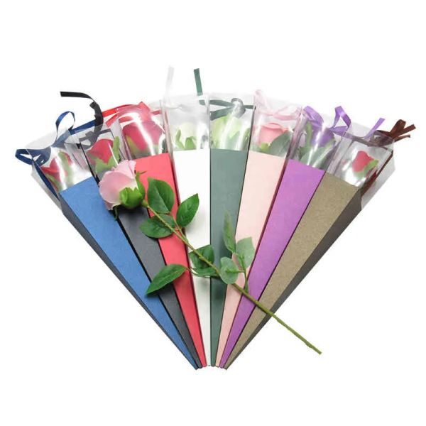 Großhandel Single Flower Rose Box Package Papier transparente Verpackungssäcke farbenfrohe Kisten für Festival Hochzeit Florist Flowers Geschenke LL